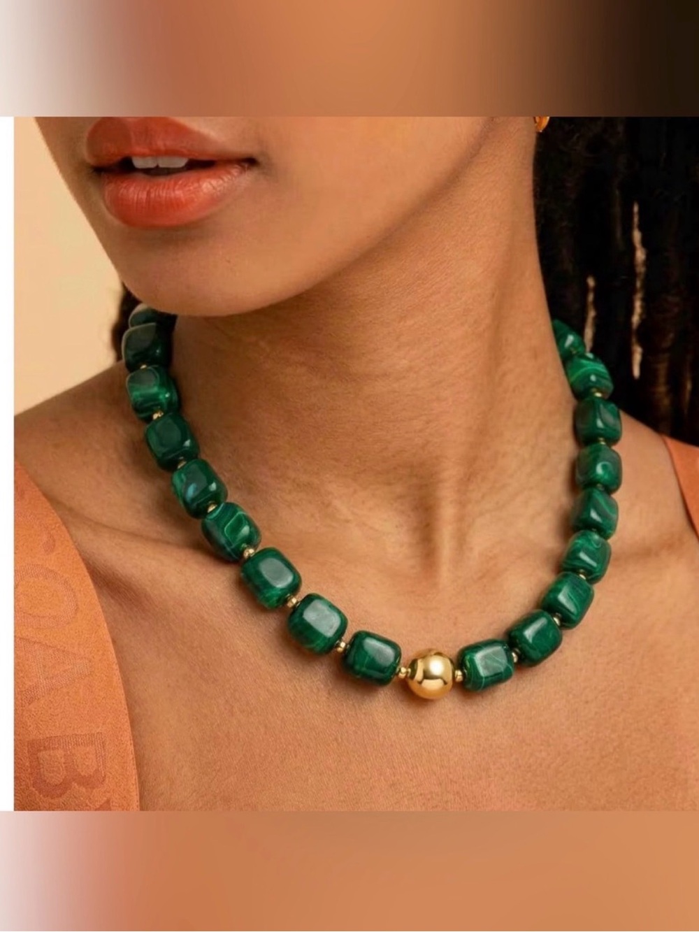 Green Beaded Necklace with Gold Accent - Picture 4 of 4